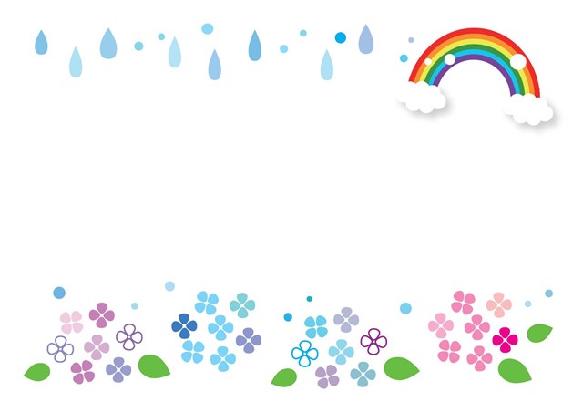 フレーム・枠テンプレート01「虹と紫陽花の花・雨の雫のかわいいイラストが入った素材」（ピーディーエフ・PDF）