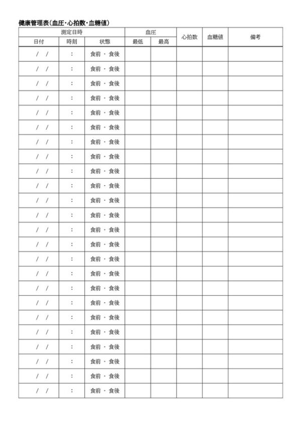 健康管理表テンプレート03「血圧・心拍数・血糖値の記録」（ワード・Word）