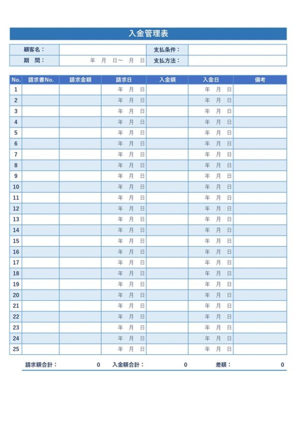 入金管理表テンプレート04「顧客別請求書別」（エクセル・Excel）