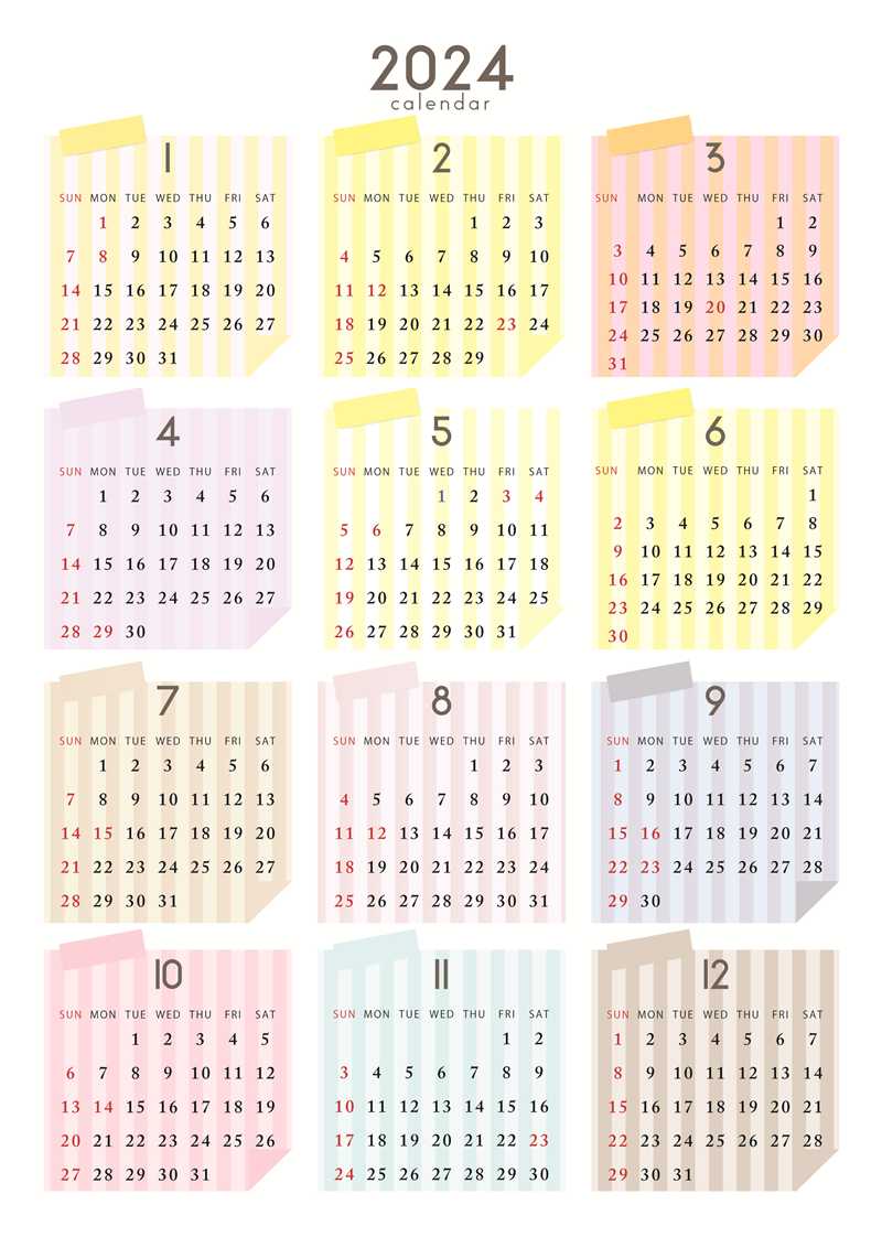 2024年（令和6年・年度）カレンダーテンプレート01「カラフルなデザイン・縦向き印刷用」（PDF・JPG）